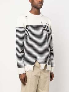 Pull personnalisé en tricot ample à rayures avec col rond et pull à manches longues rétro en détresse pour hommes - Product Image 2