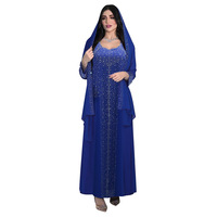 Setelan Jalabiya Mewah 2-Potong dari Kain Chiffon Polyester dengan Hijab Berhiaskan Rhinestone, Lengan Panjang, Elegan, Berkilau, Gaun Pesta Malam Dubai Kaftan