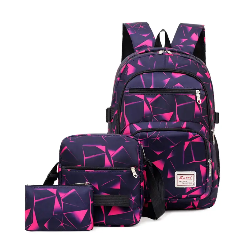 New arrival Nylon printed backpacks junior high school backpacks three-piece set cross body bag school bag and pencil pocket