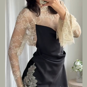 เดรสลูกไม้ปะติดปะต่อสำหรับผู้หญิง แขนยาวผ้าบาง แต่งระบายทรงเอไลน์ ชุดเดรสออกงานหรูหราทันสมัย - Product Image 4