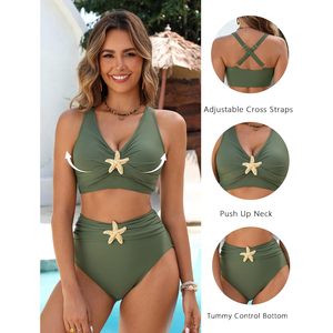 Conjunto de Bikini de Cintura Alta para Mujer, Traje de Baño de Cobertura Completa con Control de Abdomen, Cuello en V Profundo, Diseño Trenzado, Spandex y Poliéster, 2 Piezas - Product Image 4