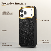 Étui en cuir de vachette style rétro Tang Flower pour iPhone 17 18 avec trous pour cordon