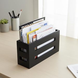 Black Rectangle <b>File</b> <b>Storage</b> <b>Box</b> For Office Desktop Letter And Bill Organizer No Lid Standing Type Solid Color - Product Image 1
