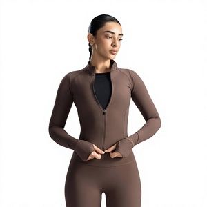 Women's Brown Full Sleeve Stand Neck Zipper Front Yoga <b>Top</b> Solid Color Seamless Active Sportswear Set High Waist <b>Shorts</b> - Product Image 2