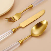 Ensemble de couverts en acier inoxydable 18/10 doré mat brossé, design européen, en acrylique transparent, pour la rentrée scolaire et les mariages, vente en gros
