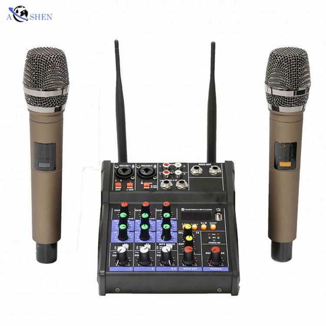 Professional 4 Channel Mixing Console DJ Controller Audio Console Mixer With 2 Ch Wireless Microphone for Livestream Broadcast