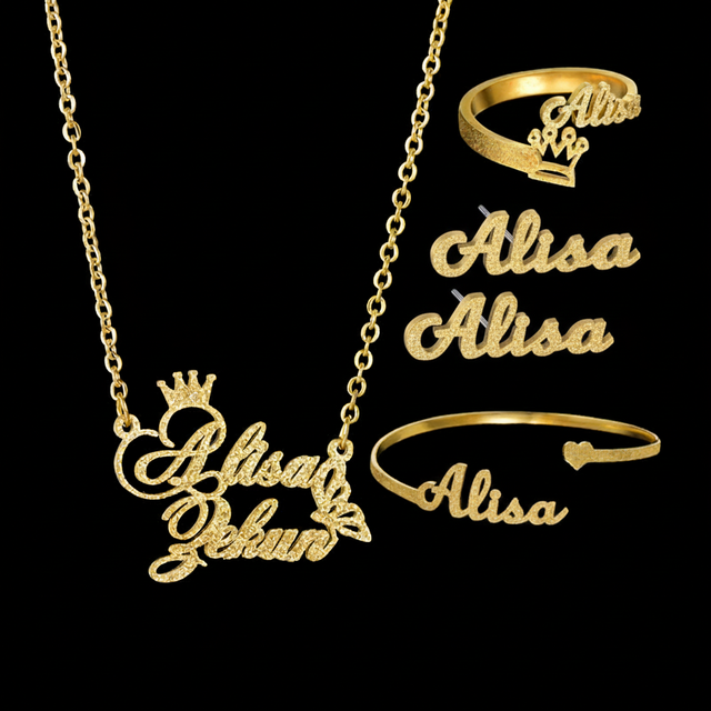 Custom Name Jewelry Set 4Pcs 18K Gold Plated Stainless Steel Personalized Necklace Bracelet Earrings Ring for Jewelry Gifts