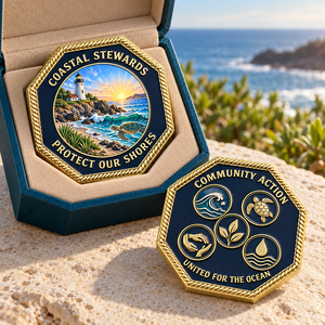 Moneda de desafío octogonal personalizada para la gestión costera, para eventos de conservación oceánica, OEM ODM - Product Image 1
