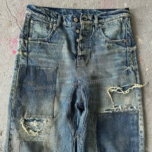 ズボンジーンズメーカーカスタムストリートウェアパッチウォッシュストレートフィット特大リップドヴィンテージディストレストメンズデニムパントホンブレ - Product Image 4