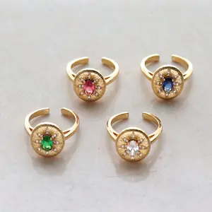 Newnice Italia Vintage No Fade 18K chapado en oro rojo rubí verde azul cristal piedra mujeres geométrico ovalado Retro anillo abierto