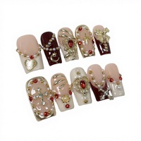 Ongles à presser Zimocepuz en forme d'amande, plaqués or 3D, rouges et verts, en plastique, design rétro, pré-dessinés, réutilisables, pour femmes