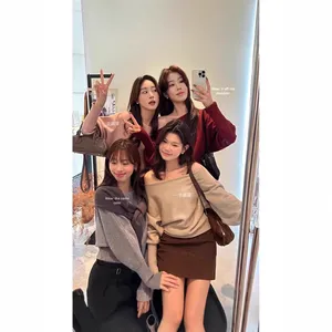 Top de punto tejido con hombros descubiertos color caqui para mujer, estilo patchwork de nailon/algodón, de lujo para otoño, por encima de la rodilla, antiarrugas, suéter de capa interior - Product Image 5