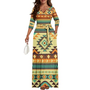 Mới lạ tùy chỉnh Aztec báo in Bọc V cổ ba phần tư tay áo đế chế xếp li thắt lưng túi <span class=keywords><strong>maxi</strong></span> phụ nữ ăn mặc màu nâu - Product Image 2