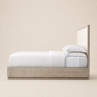Lit double moderne en bois avec plateforme, cadre de lit, sommier et tête de lit rembourrée en tissu crème, mobilier de chambre d'hôtel