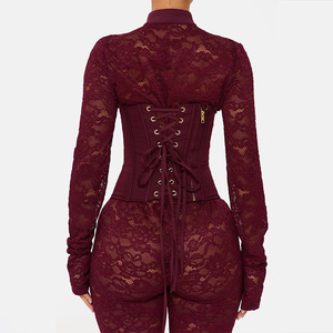 Combinaison moulante en dentelle ajourée pour femme 2026, col montant, manches longues, corset à nouer à la taille, idéale pour les soirées en club - Product Image 6