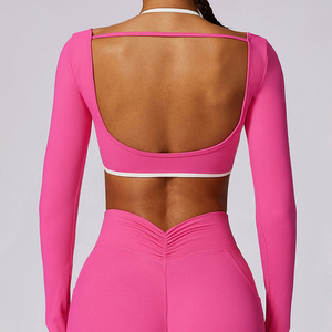 Personnalisé Femmes Haute Résistance Contraste Couleur Évider Dos Manches Longues Gym <span class=keywords><strong>Fieness</strong></span> Crop Top Respirant Yoga Workout Crop Tops - Product Image 1