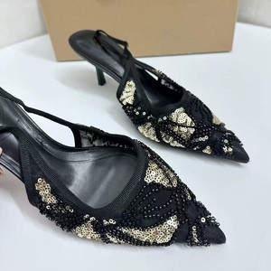 Sandales à talons aiguilles noires élégantes à bout pointu, ornées de paillettes et de perles, avec bride de cheville, pour femme - Product Image 3