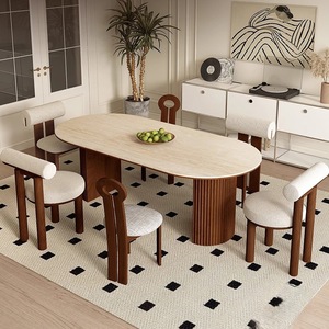 Set di Tavolo da Pranzo Ovale e Sedie in Legno con Piano in Pietra, Stile Moderno Francese di Lusso, Arredamento per Sala da Pranzo - Product Image 1