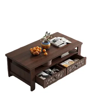Wooden Table w/Large Tabletop, Open Shelf, 2 Drawers & 5 Support Legs coffee table