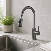 Keran Dapur Modern Stainless Steel Touch Pull-Down Warna Hitam Poles, Tuas Tunggal, Inti Keramik, untuk Hotel
