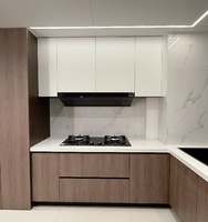 Petite armoire de cuisine modulaire en contreplaqué avec tiroir coulissant, style moderne, finition brillante, design en forme de L