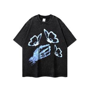 Camiseta de Manga Corta para Hombre, Estilo Americano Vintage, Lavado Desgastado, Impresión DTG de Mariposas, Transpirable, de Algodón que Absorbe la Humedad - Product Image 5