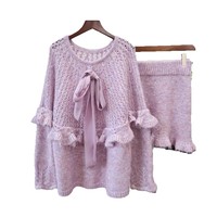 Ensemble pull deux pièces vintage en dentelle pour femme automne/hiver 2025, nouveau design à sequins et volants, haut en maille et jupe unie au-dessus du genou, coupe ample