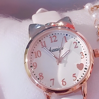 Montre à quartz pour filles, montre-bracelet chat de dessin animé, cadran rond, bracelet en cuir, pendentif, cadeau