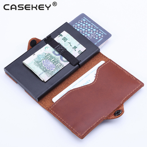 Casekey Extra Thin Anti Theft Rfid Blocking Aluminum <b>Metal</b> Card Holder Oil Wax Leather <b>Wallet</b> for Men Women With Coin Pocket - Product Image 2