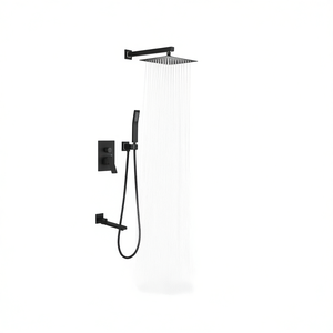Juego de ducha cuadrado de 10 pulgadas con mezclador, acabado negro mate, sistema de accesorios de baño montado en la pared - Product Image 1