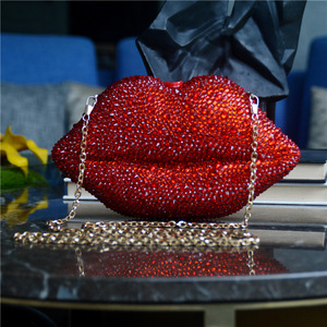Bolso de Mano de Lujo para Mujer, Diseño de Labios Rojos, con Cadena, Correa Cruzada, Satinado, Brillante, con Cristales de Imitación, para Fiestas Nocturnas, Bodas - Product Image 1