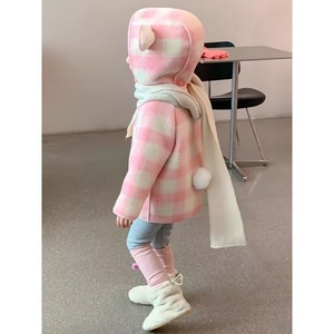 Child Star Circle Girls' Plaid Wool Coat Thickened Windproof Autumn Winter Outwear For Little Girls With Hood And Pockets - Product Image 2