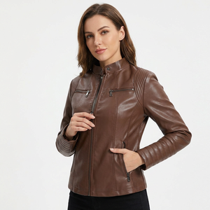 KEVEN IMPEX <b>Women's</b> Genuine Leather Breathable <b>Zip</b> <b>Up</b> Biker <b>Jacket</b> Waterproof Windproof Winter Outerwear Polyester Lining Stand - Product Image 1