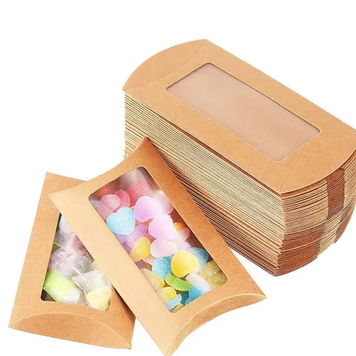사용자 정의 로고 인쇄 사탕 베개 포장 상자 갈색 크래프트 종이 베이커리 초콜릿에 대 한 투명 창과 작은 베개 상자