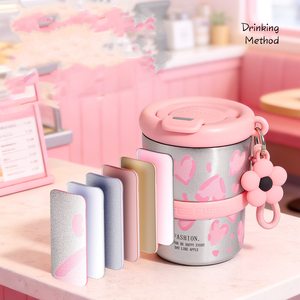แก้วเก็บความร้อนกาแฟพิมพ์ลายน่ารัก ขนาด 350 มล. ทำจากสแตนเลส พกพาสะดวก พร้อมสายคล้องลายดอกไม้ ฝาปิดแบบพลิก เหมาะสำหรับเป็นของขวัญสำหรับสำนักงาน - Product Image 4