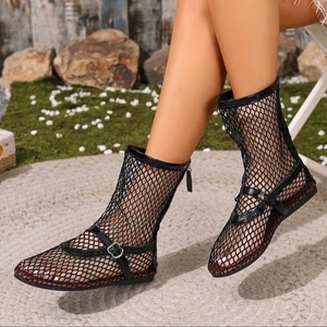 Sandali piatti da donna, ballerine slip-on, stivali a tubo in rete per autunno ed estate, nuovi stivali alla moda versatili e traspiranti in rete a metà polpaccio - Product Image 5