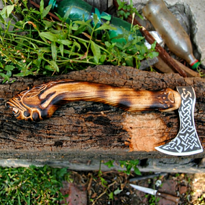 Handmade Industrial Flat Backed <b>Viking</b> <b>Axe</b> Damascus Steel Etched Blade Wooden Shape Handle Leather Sheath 5 3Lb Woodworking - Product Image 1