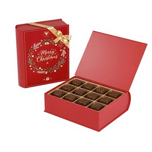 Boîte cadeau de Noël en chocolat, emballage rigide rouge avec ruban doré et design estampé à chaud - Product Image 1