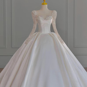 Wedding Dress Ball Gown Satin Sweetheart Neckline Long Sleeve <b>Floor</b> Length Plus Size Autumn Bridal Dress - Product Image 3