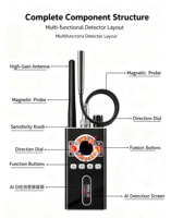Détecteur de signal RF sans fil à gamme complète K88, détection de champ magnétique, scanner de caméra cachée et de localisateur GPS, portable anti-espionnage