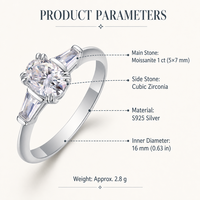 Bague en moissanite, argent sterling 925, coupe ovale, 1 carat, baguette conique, trois pierres, bague de fiançailles pour femme
