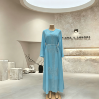Robe Abaya musulmane multicolore avec broderie florale en strass, manches longues, robe maxi ceinturée, robe Abaya islamique pour femmes, vente en gros