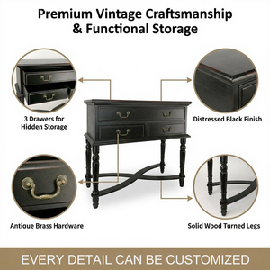 Consolle <span class=keywords><strong>in</strong></span> <span class=keywords><strong>Legno</strong></span> Nero Invecchiato Personalizzata con 3 Cassetti, Tavolo Vintage Stile Fattoria per Ingresso, Soggiorno e Sala da Pranzo - Product Image 3