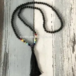 ST0418 Charka Mala Black Rock Lava Beaded Jewelry Black Tassel 7 Charka Necklace For Unisex
