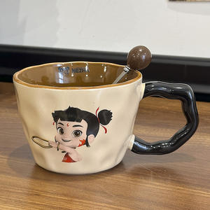 Nezha Ceramic <b>Mug</b> With Spoon Cartoon Design Red Beige Color For Gift Office Home Use - Product Image 2