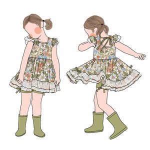 2025 toptan özel yeni dantel yay şort prenses elbise etek çiçek kısa kollu kız fırfır kollu tunik seti - Product Image 1