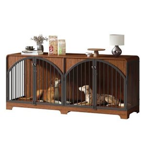 Walnut wood arched double-door dog cage, household rounded corner waterproof pet cage, suitable for <b>medium</b> to large dogs. - Product Image 1