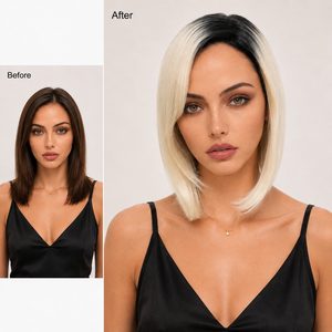 Perruque Bob Blonde Droite avec Racines Foncées, Fibre Résistante à la Chaleur, Ligne de Cheveux Naturelle, Sans Colle, Bonnet Ajustable, Couverture Complète - Product Image 2
