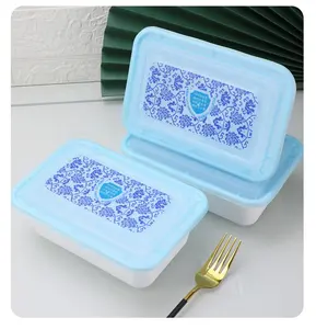 Bolygold Disposable Plastic Rectangle Frost Lunch Box Noodles Rice Salad Takeaway Food Container with Blue and White Lid