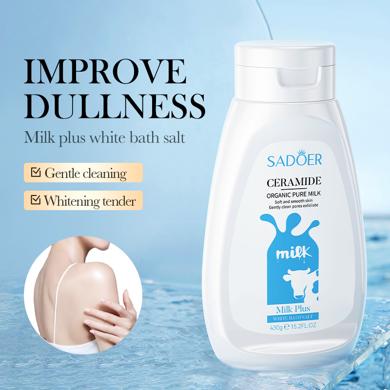 OEM SADOER Private Label Ceramide Milk Whitening Bath Salt Clean Skin Exfoliating Body Wash Natural Organic Body Scrub Bath Salt